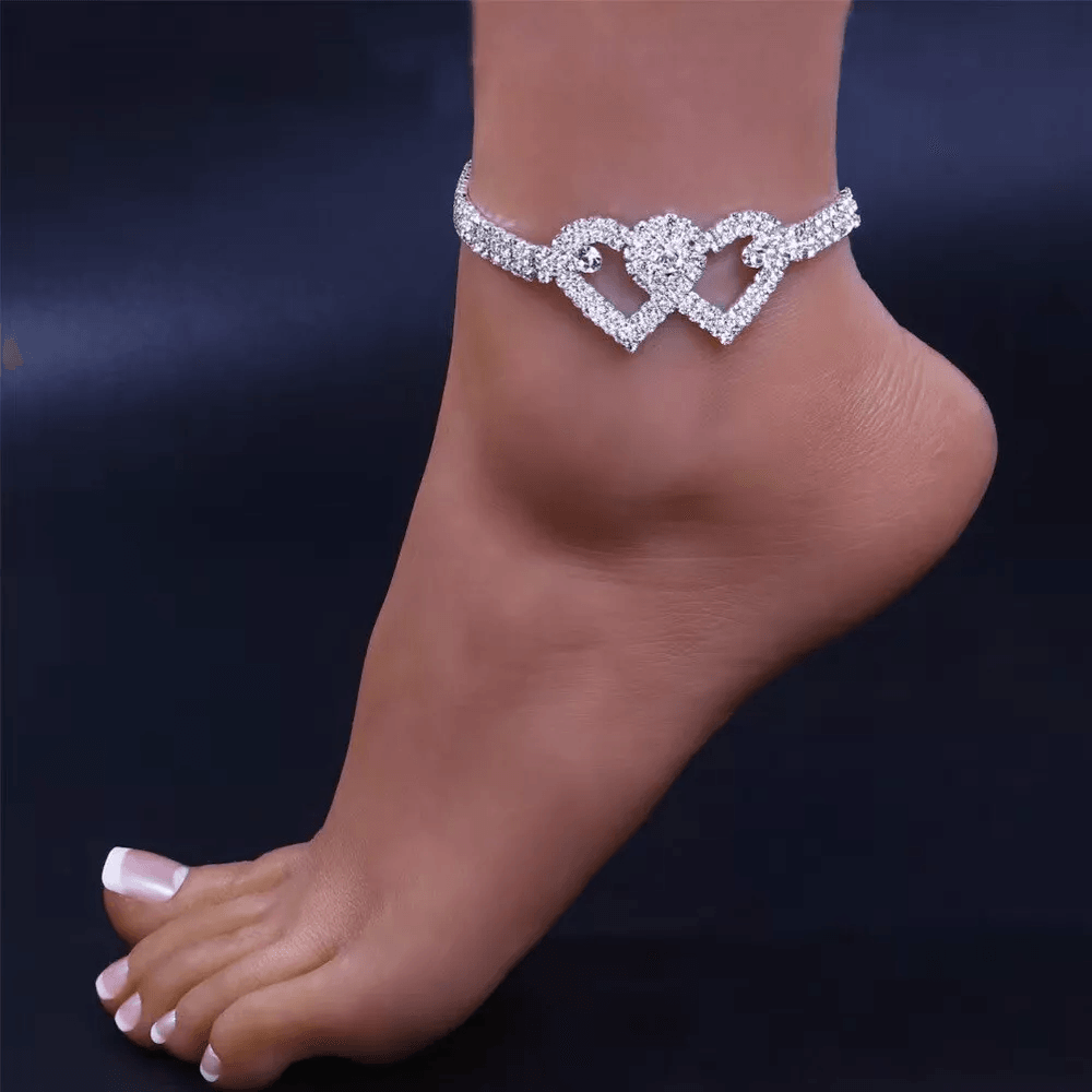 Double Heart Anklet Bracelet Love Barefoot Chain With Bling Crystal Accents Adjustable Silver Ankle 1