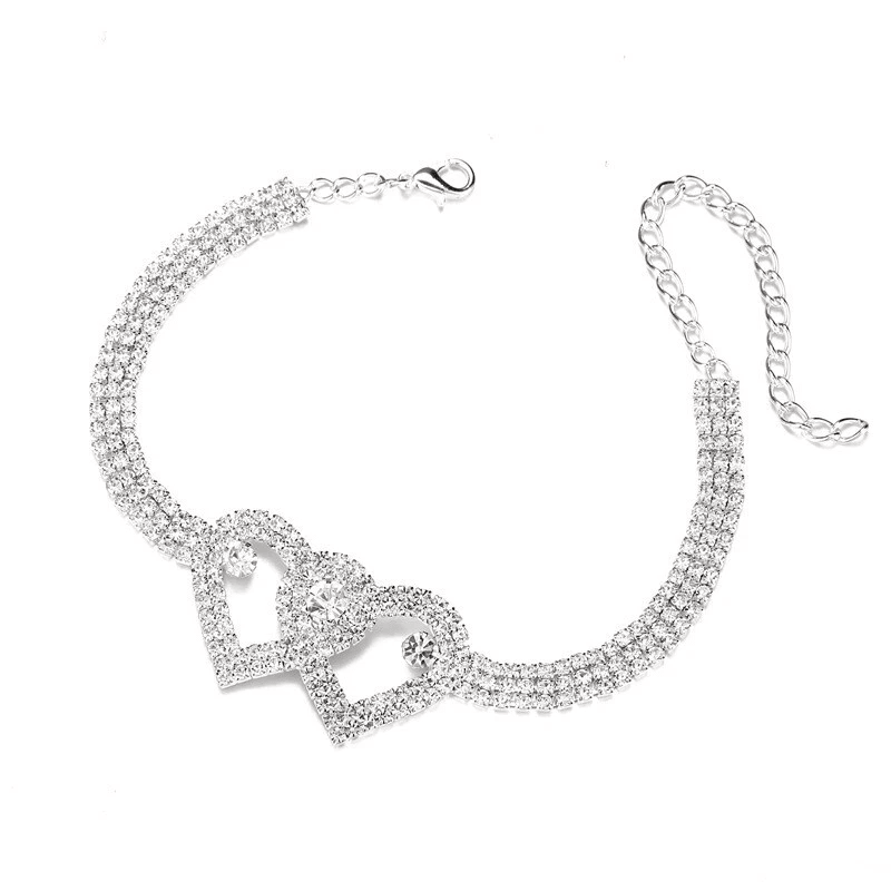 Double Heart Anklet Bracelet Love Barefoot Chain With Bling Crystal Accents Adjustable Silver Ankle 9