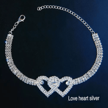 Double Heart Anklet Bracelet Love Barefoot Chain with Bling Crystal Accents, Adjustable Silver Ankle Jewelry for Women