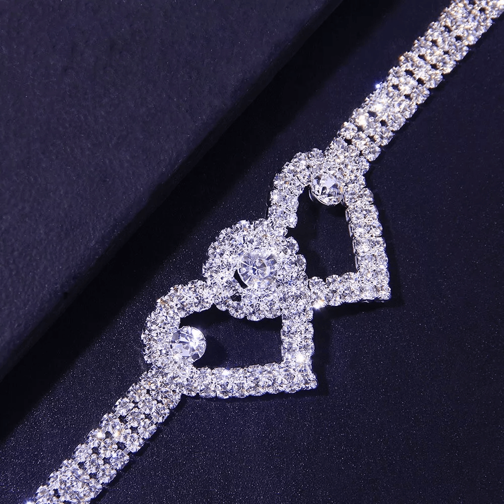 Double Heart Anklet Bracelet Love Barefoot Chain With Bling Crystal Accents Adjustable Silver Ankle 7