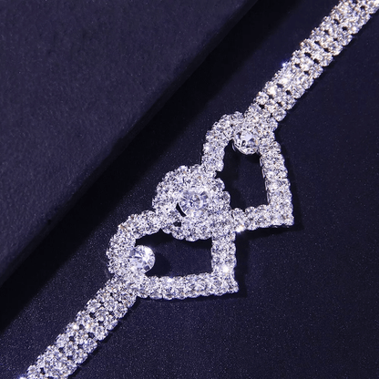 Double Heart Anklet Bracelet Love Barefoot Chain With Bling Crystal Accents Adjustable Silver Ankle 7