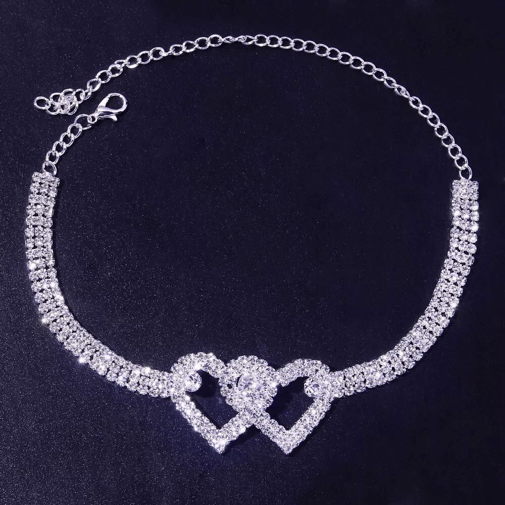 Double Heart Anklet Bracelet Love Barefoot Chain With Bling Crystal Accents Adjustable Silver Ankle 8