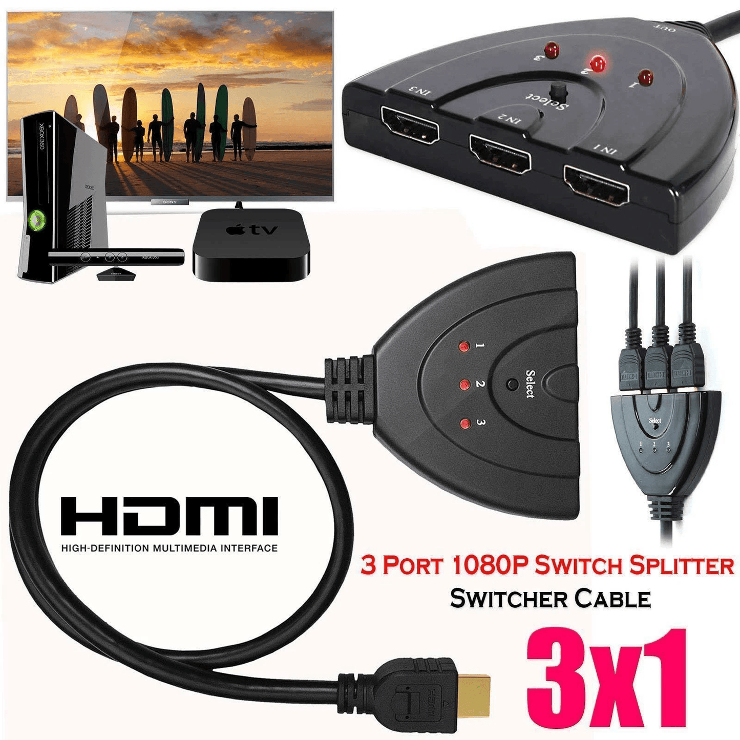 3-Port HDMI Splitter Cable 1080P Switcher HUB Adapter for HDTV, PS4, Xbox, and More