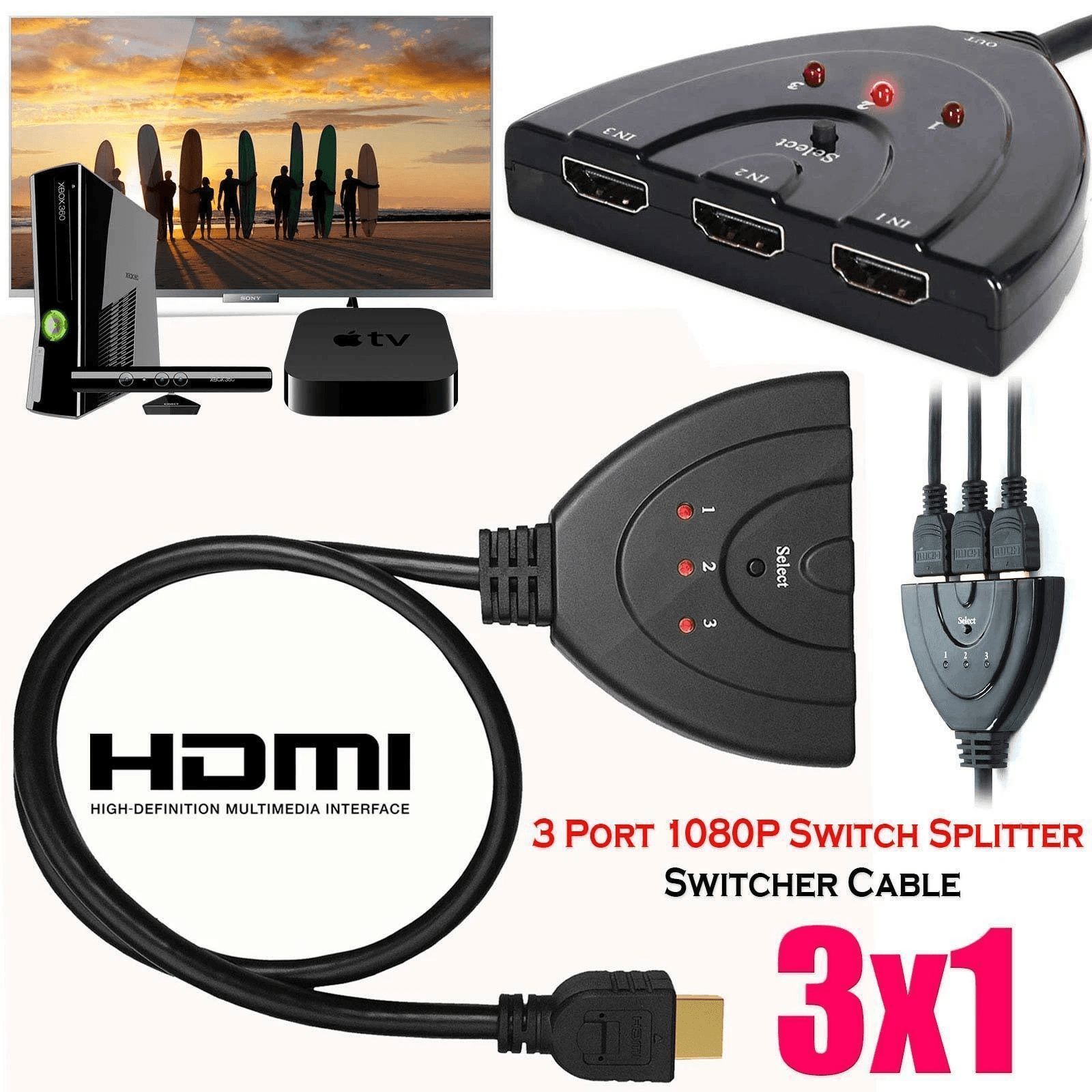 3-Port HDMI Splitter Cable 1080P Switcher HUB Adapter for HDTV, PS4, Xbox, and More
