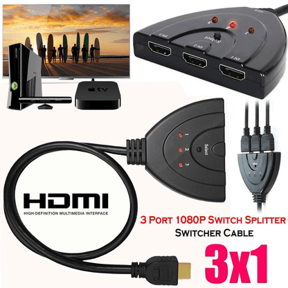 3-Port HDMI Splitter Cable 1080P Switcher HUB Adapter for HDTV, PS4, Xbox, and More