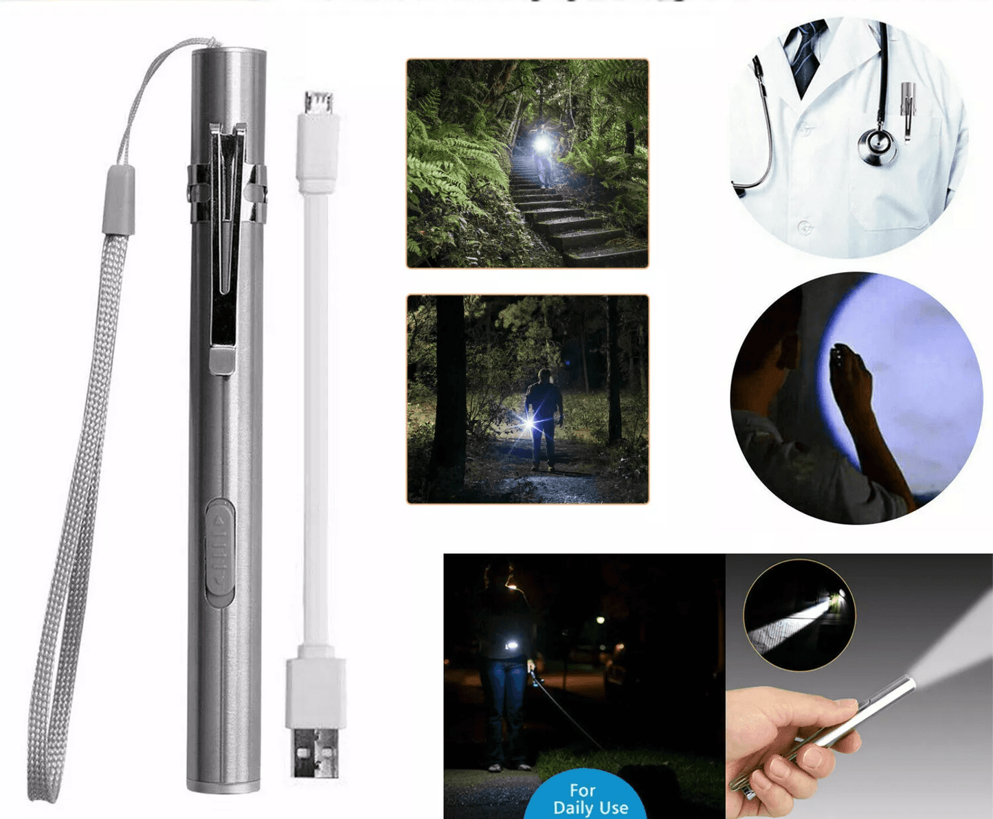 Stainless Steel Torch Pen Light, USB Rechargeable LED Mini Tactical Flashlight for Emergency, Inspection, and Gift Use