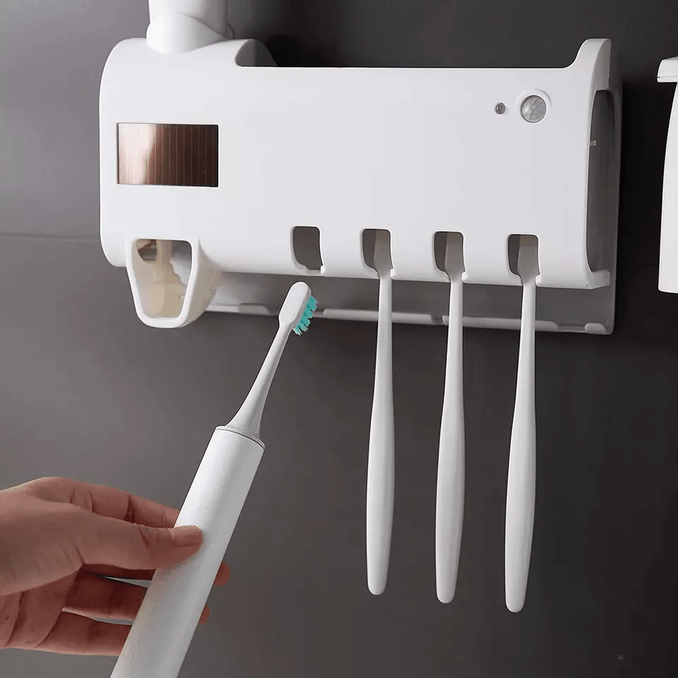 UV Toothbrush Sterilizer Holder with Automatic Toothpaste Dispenser, PIR Sensor, Dual Charging