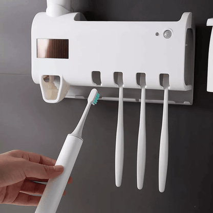 UV Toothbrush Sterilizer Holder with Automatic Toothpaste Dispenser, PIR Sensor, Dual Charging