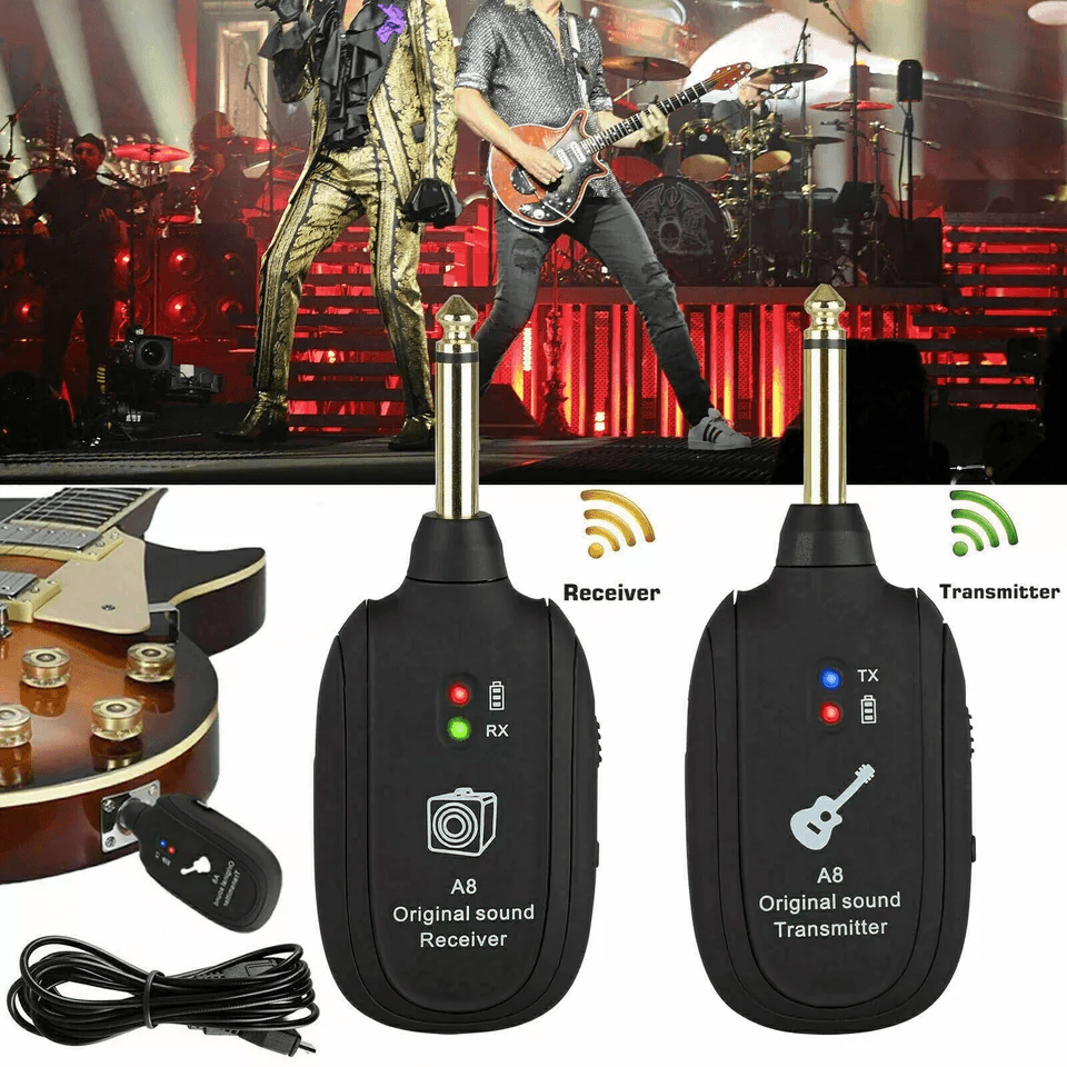 UHF Guitar Wireless System Transmitter and Receiver with Built-in Rechargeable Battery, Long Range, Pro Audio For Studio