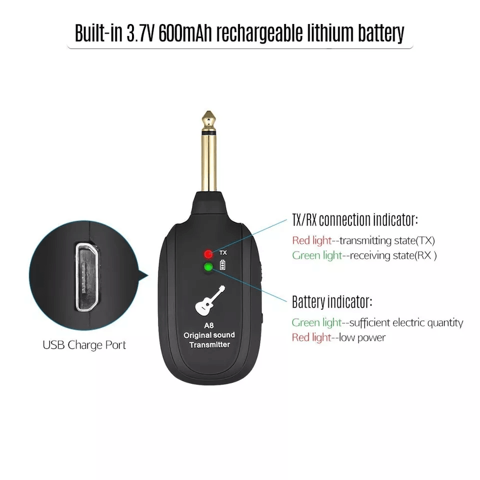 UHF Guitar Wireless System Transmitter And Receiver With Builtin Rechargeable Battery Long Range Pr 7