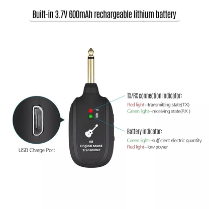 UHF Guitar Wireless System Transmitter And Receiver With Builtin Rechargeable Battery Long Range Pr 7
