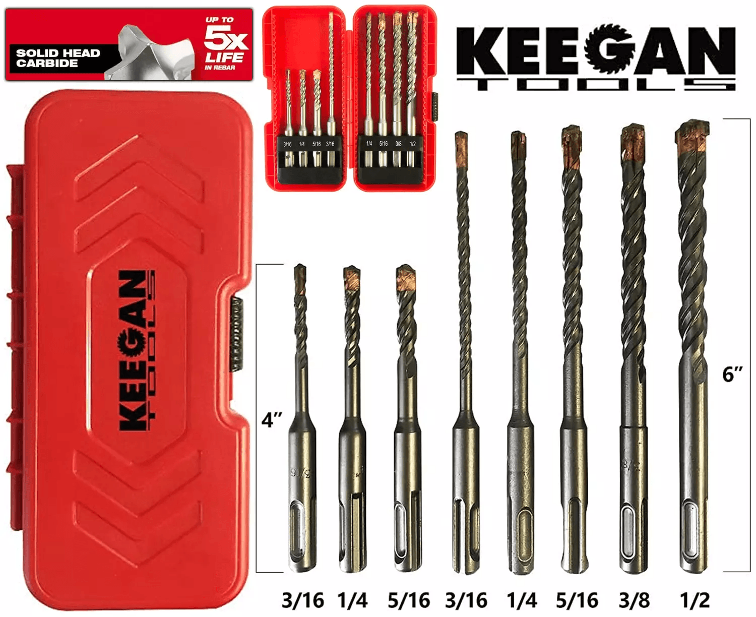 SDS Plus Drill Bit Set with 4-Cutter Carbide Tip, Heavy-Duty Rotary Hammer Bits for Concrete, Masonry, Brick, and Cement