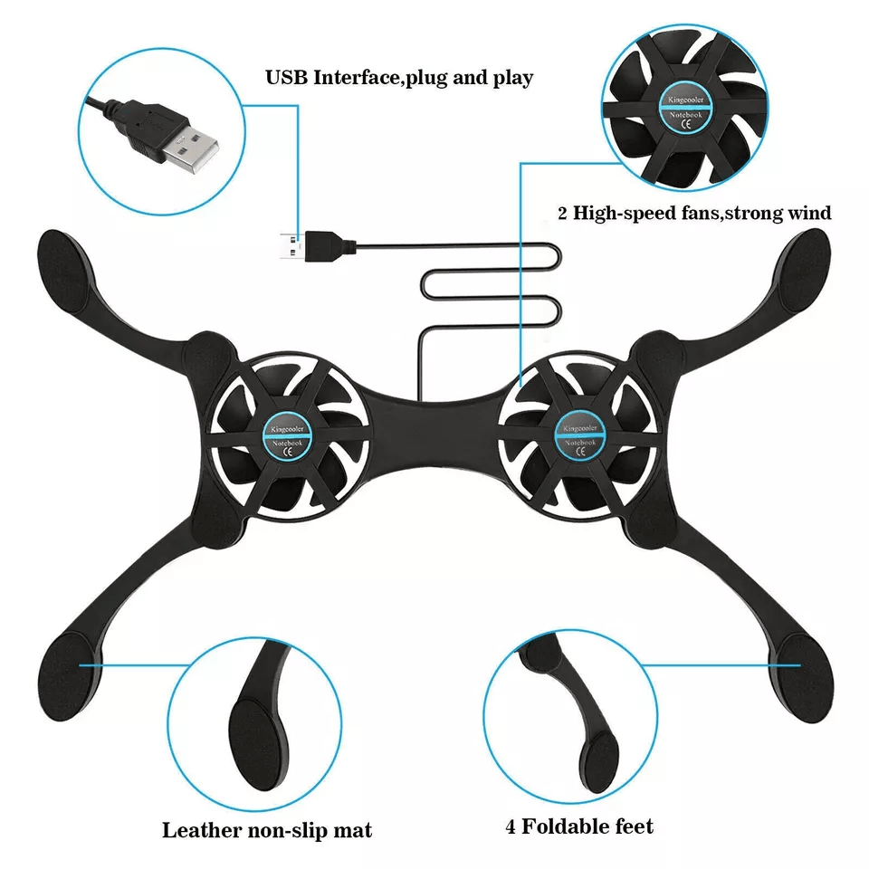 Foldable Slim Dual USB Cooling Fan Pad Quiet Cooler Stand For Laptop PC Notebook With Adjustable Sp 8