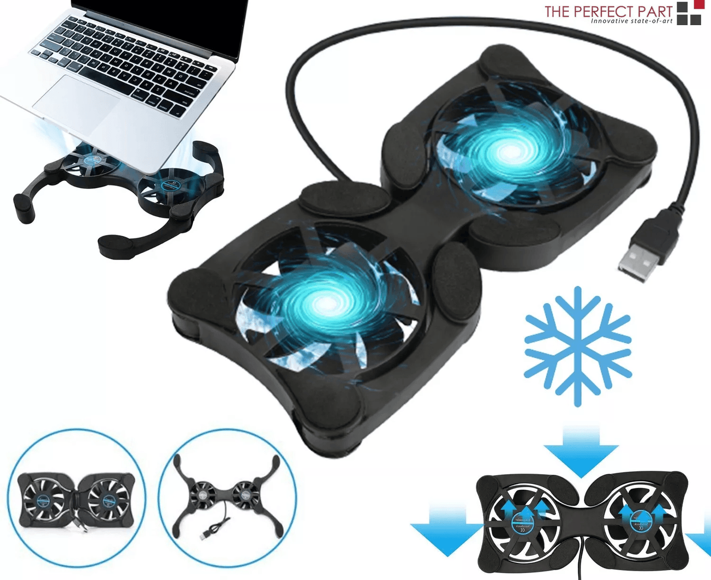 Foldable Slim Dual USB Cooling Fan Pad, Quiet Cooler Stand for Laptop PC Notebook with Adjustable Speed & Ergonomic