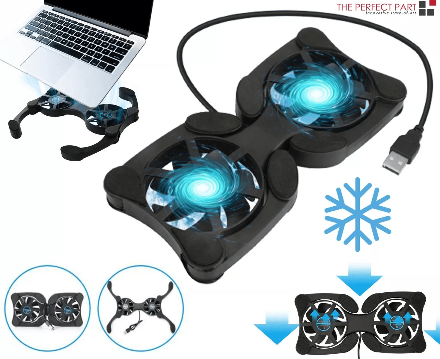 Foldable Slim Dual USB Cooling Fan Pad, Quiet Cooler Stand for Laptop PC Notebook with Adjustable Speed & Ergonomic