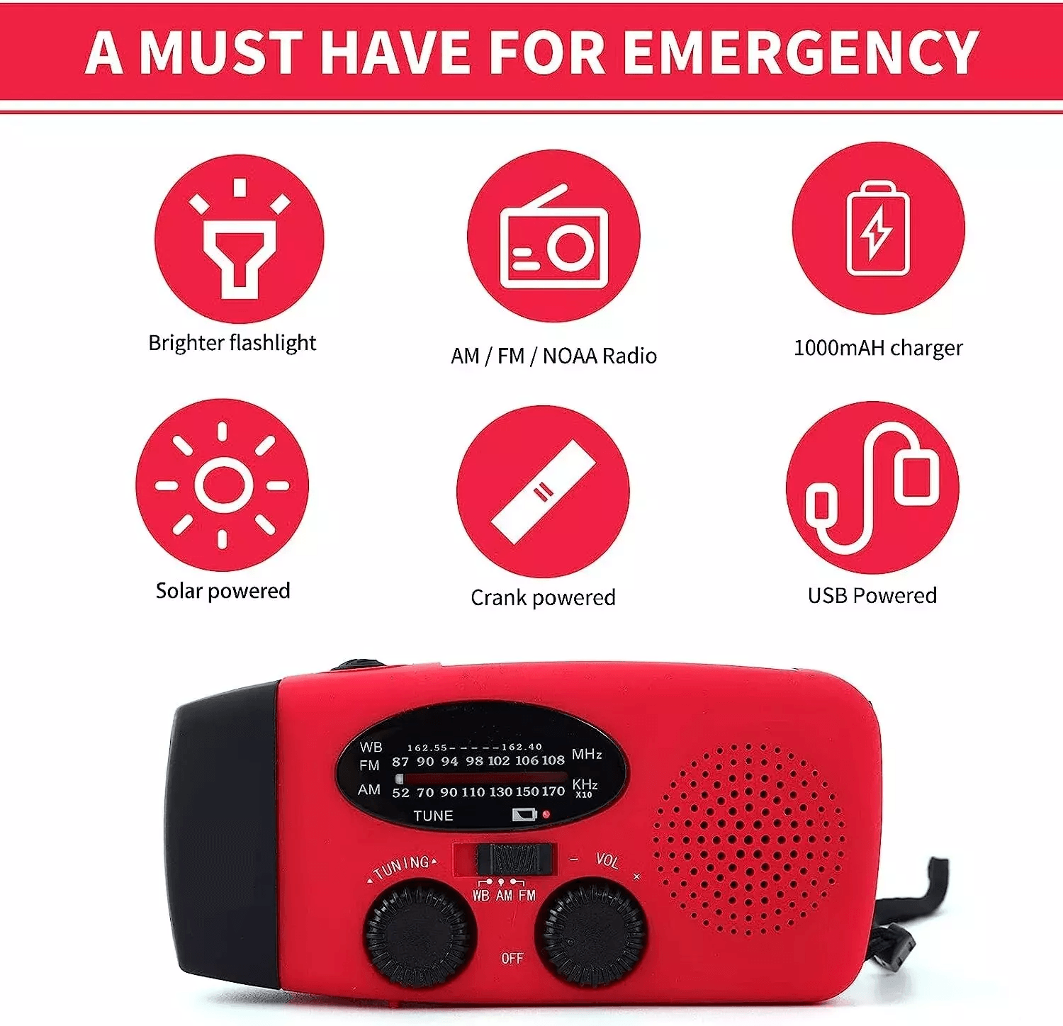 Emergency Radio Crank Solar Hand Weather 1000mAh Power Bank Charger Flashlight  Portable Survival G 5