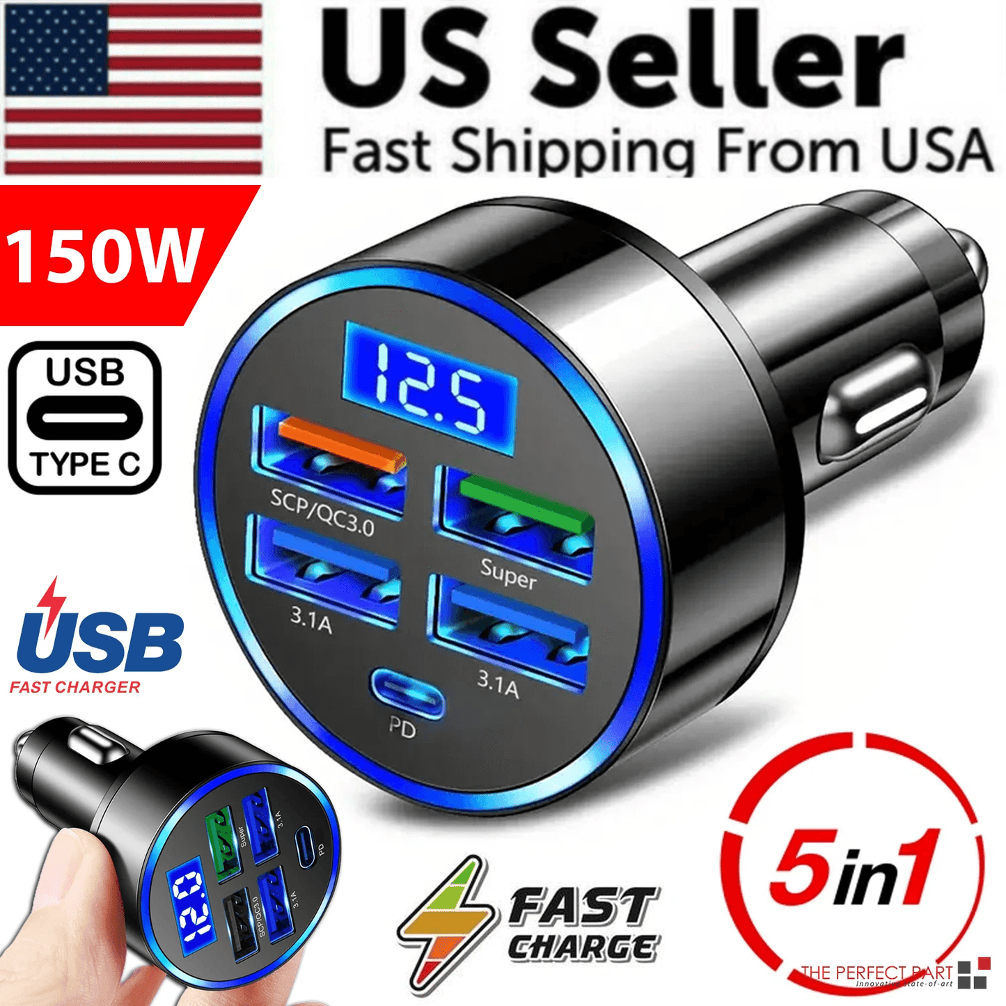5 USB Port Super Fast Car Charger Adapter – 150W Multi-Port Fast Charging for iPhone, Samsung, Android, and More