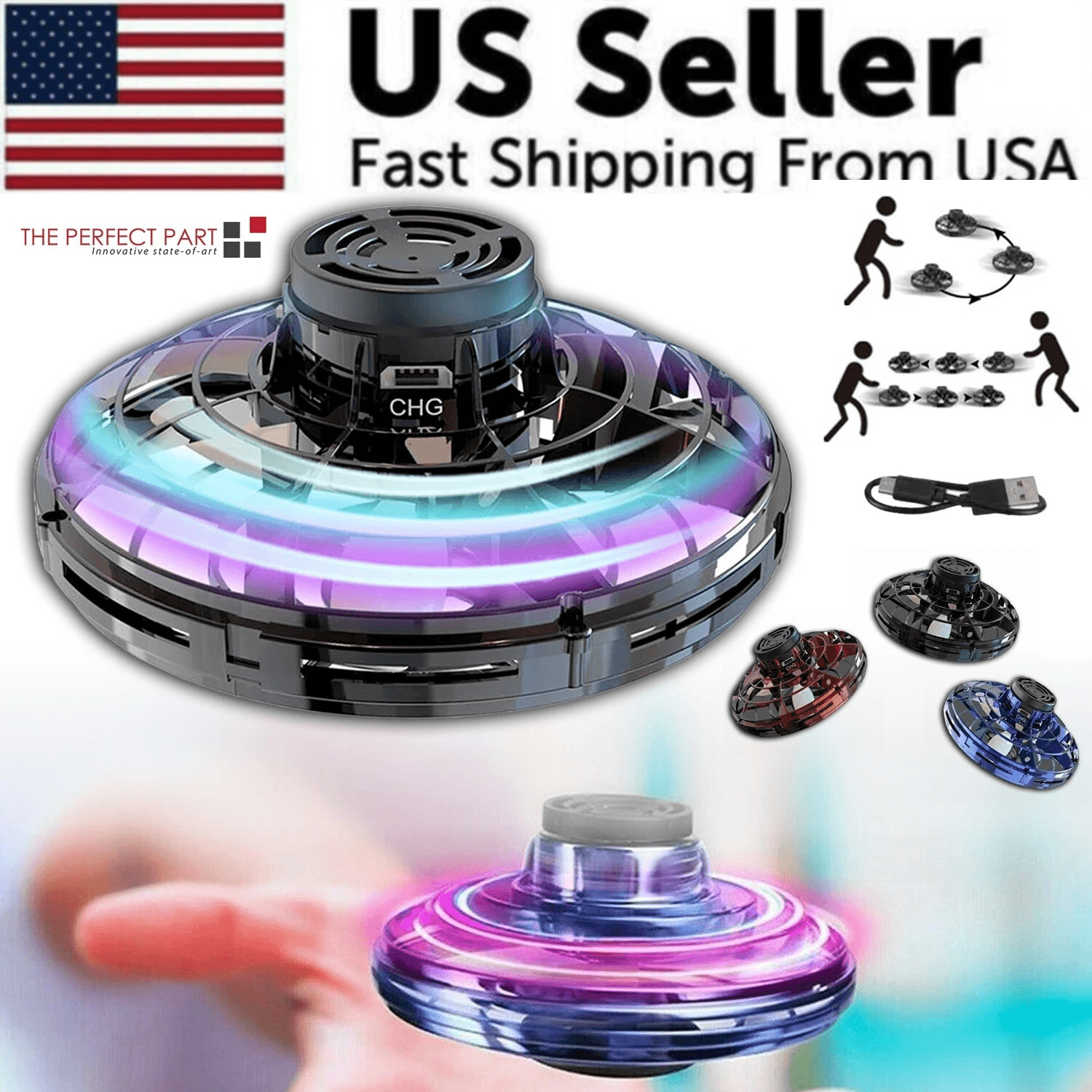 Flying Fidget Spinner Drone Ball Toy with LED Lights Hand-Controlled Stress Relief Hover Ball for Kids, Adults