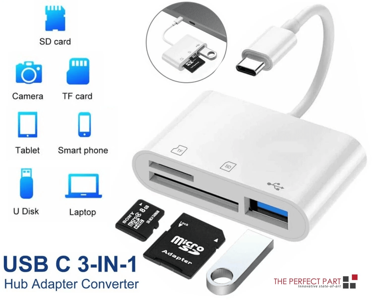 USB Hub Converter Type-C Adapter, SD Card Reader for MacBook Pro, Laptop, Chromebook & USB-C Devices