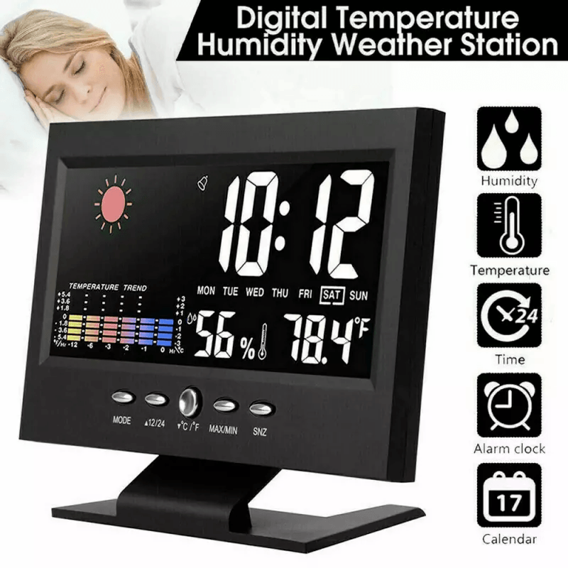 LED Digital Alarm Clock With Snooze Thermometer Hygrometer Calendar Weather Display Voice Control B 1