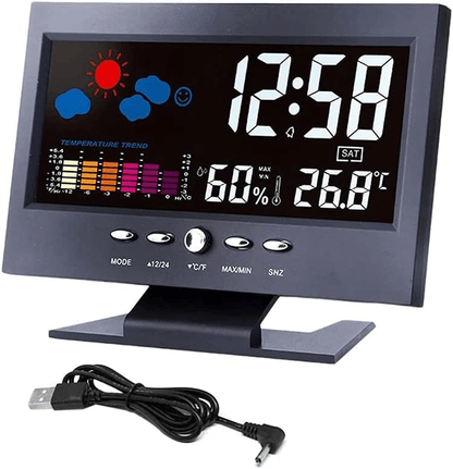LED Digital Alarm Clock With Snooze Thermometer Hygrometer Calendar Weather Display Voice Control B 10
