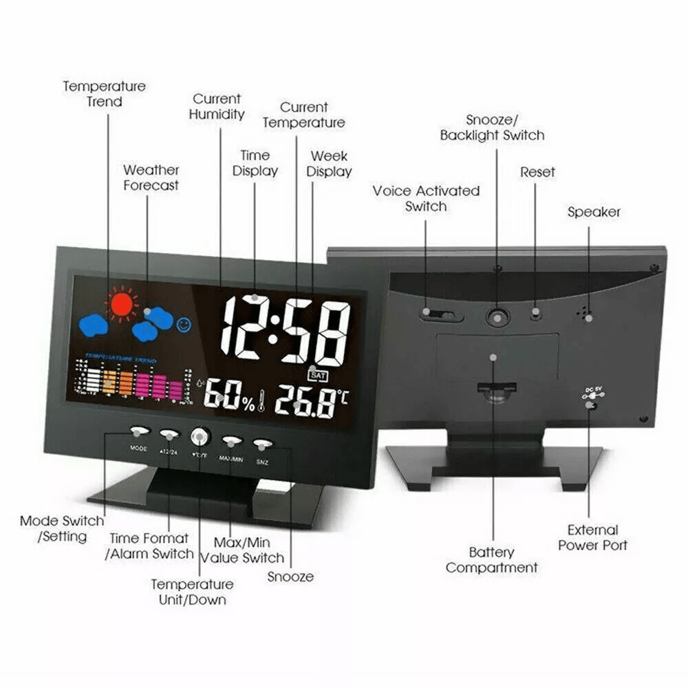 LED Digital Alarm Clock With Snooze Thermometer Hygrometer Calendar Weather Display Voice Control B 11