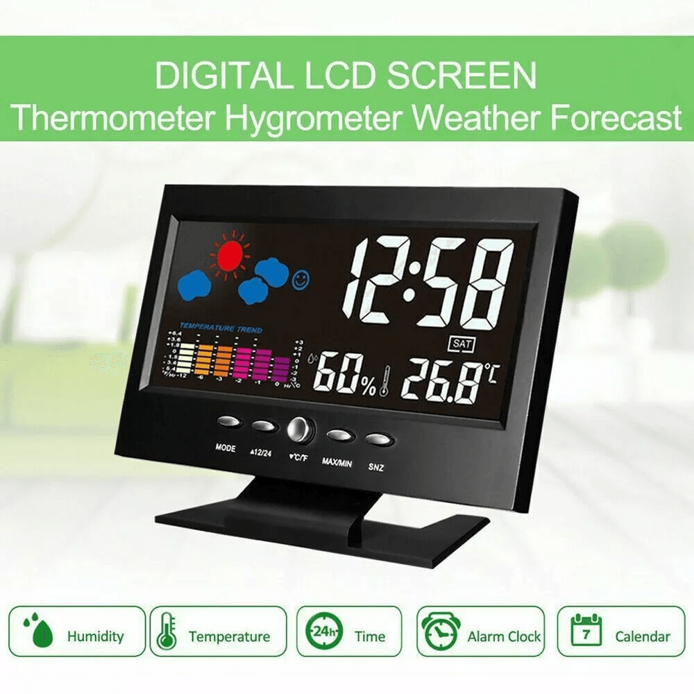 LED Digital Alarm Clock With Snooze Thermometer Hygrometer Calendar Weather Display Voice Control B 2