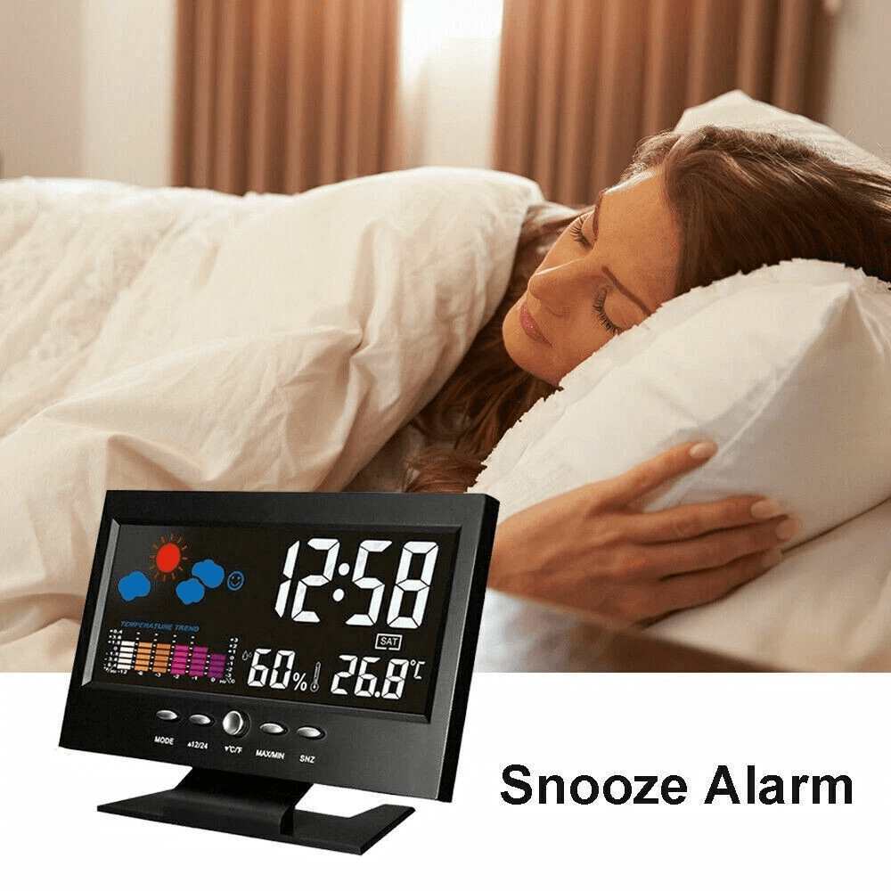 LED Digital Alarm Clock With Snooze Thermometer Hygrometer Calendar Weather Display Voice Control B 4