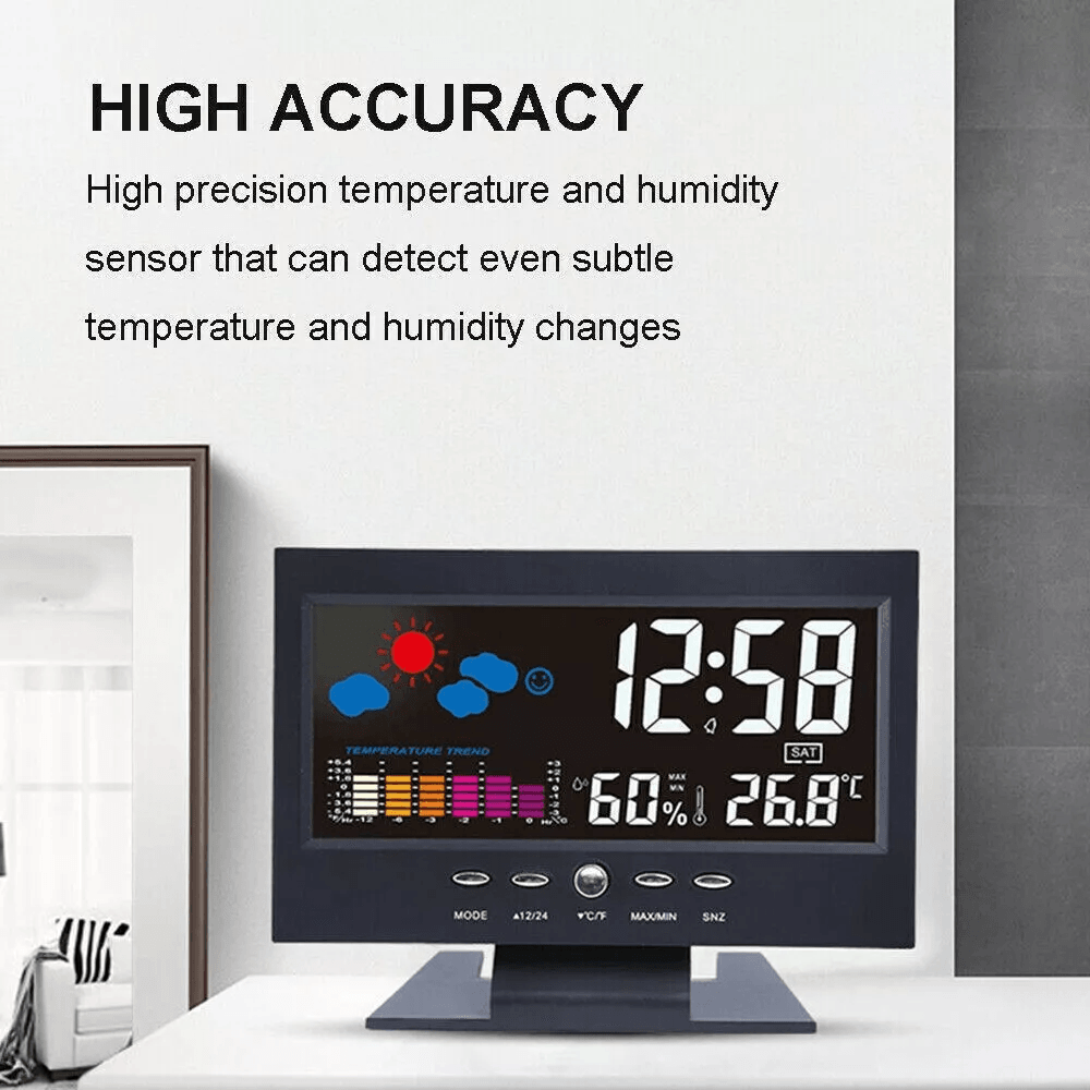 LED Digital Alarm Clock With Snooze Thermometer Hygrometer Calendar Weather Display Voice Control B 5