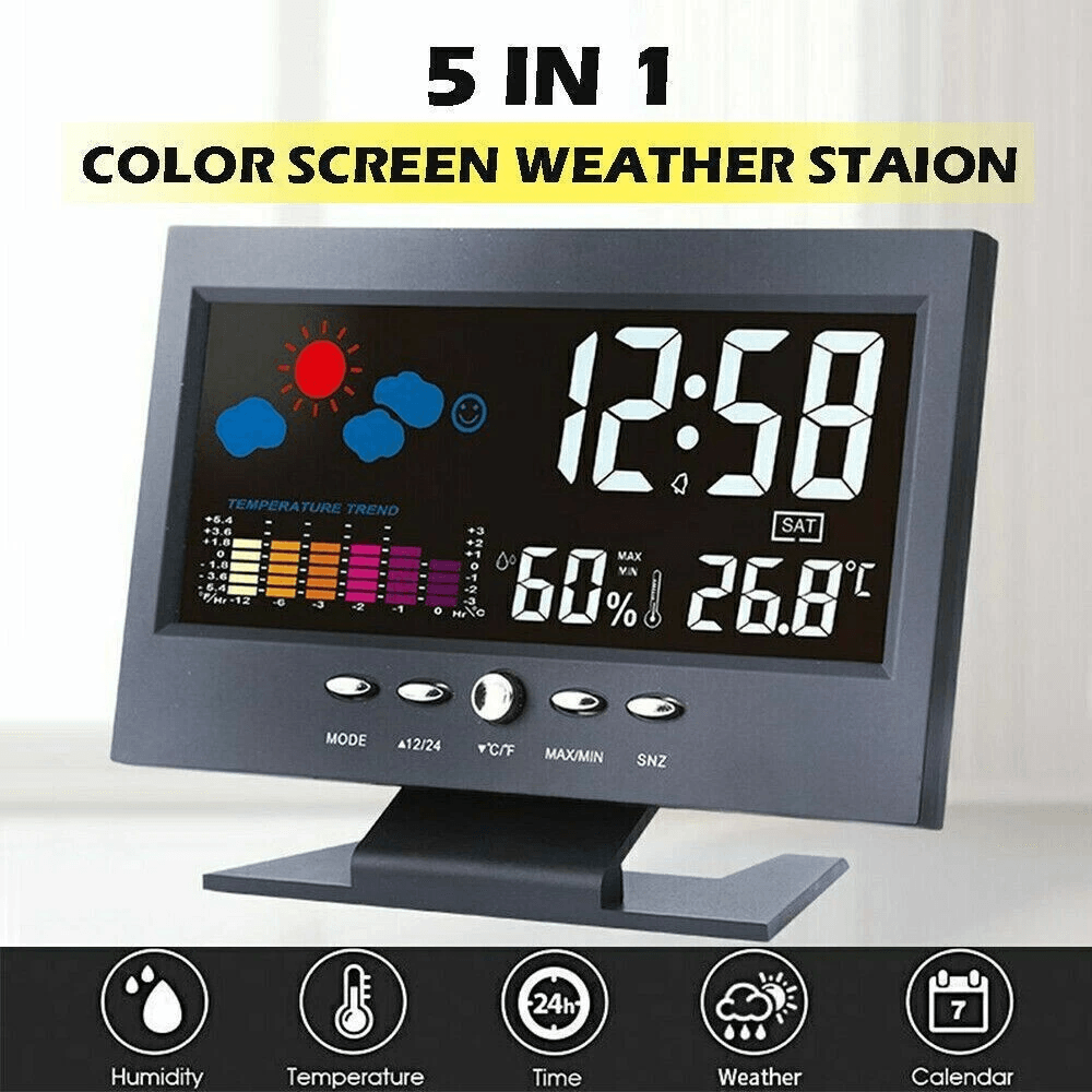 LED Digital Alarm Clock With Snooze Thermometer Hygrometer Calendar Weather Display Voice Control B 6
