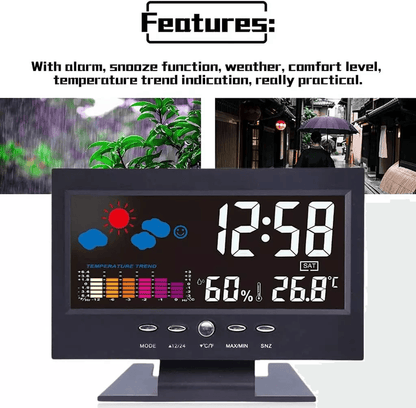 LED Digital Alarm Clock With Snooze Thermometer Hygrometer Calendar Weather Display Voice Control B 12