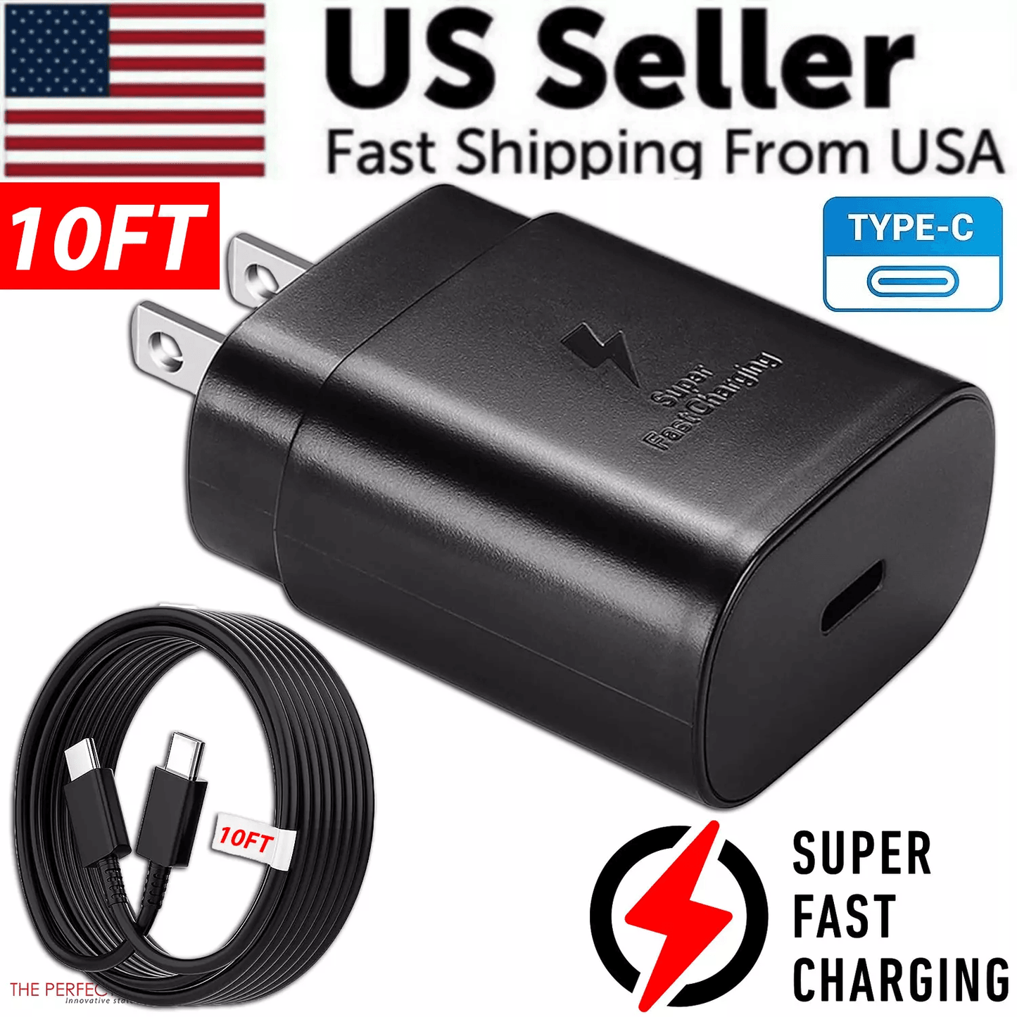25W USB-C Super Fast Wall Charger with 10FT Cable for Samsung Galaxy S21 Ultra Plus Note and Pixel, Type-C Fast Charging