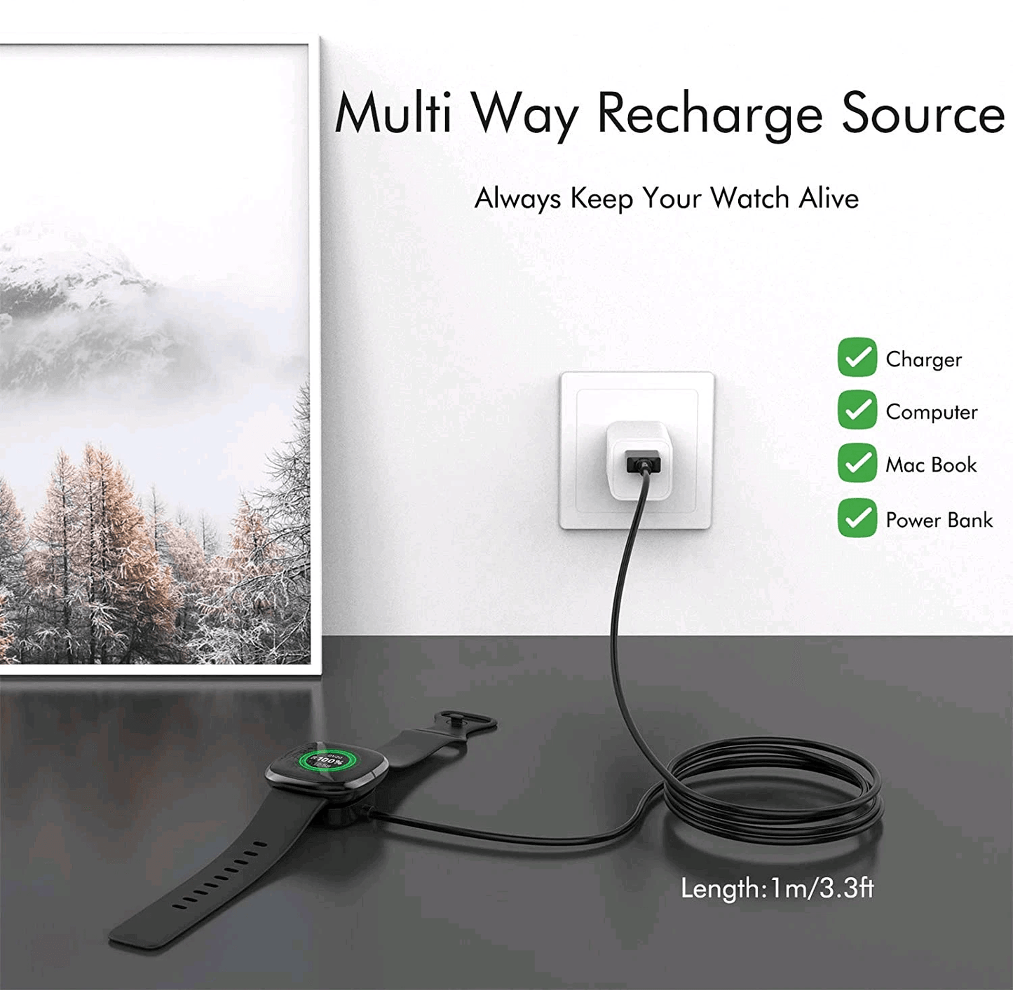 Wireless Charger For Fitbit Sense Versa USB Fast Charging Dock Cable Replacement TangleFree Smartwa 4