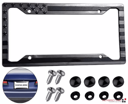 Black 3D American Flag License Plate Frame Holder, Universal ABS Auto Car Tag Decal for Truck, SUV, and Sedan