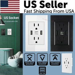 Dual Wall Outlet with USB Ports Charger 15A 120V – In-Wall Power Receptacle Plate Panel for Home, Office, Commercial Use