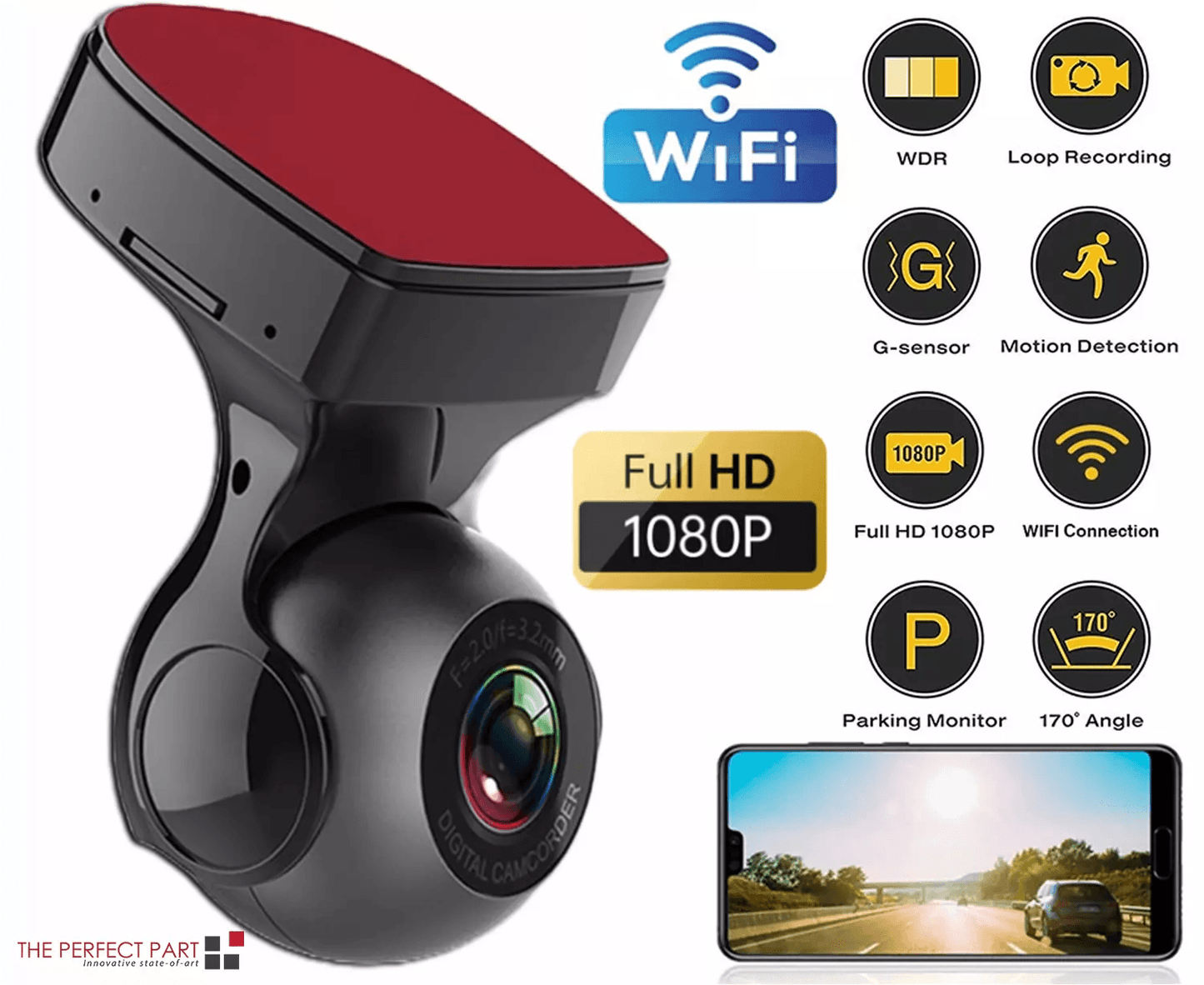 WiFi Dash Cam Recorder Car Camera HD DVR with G-Sensor, Night Vision Vehicle Video Recorder for Cars, Trucks, SUVs