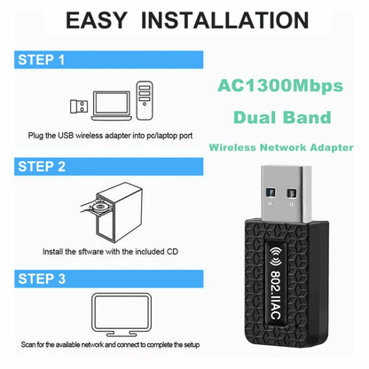 1300Mbps USB30 Wireless WiFi Adapter Dongle  Dual Band 5G24G For Desktop  Laptop PCs 5