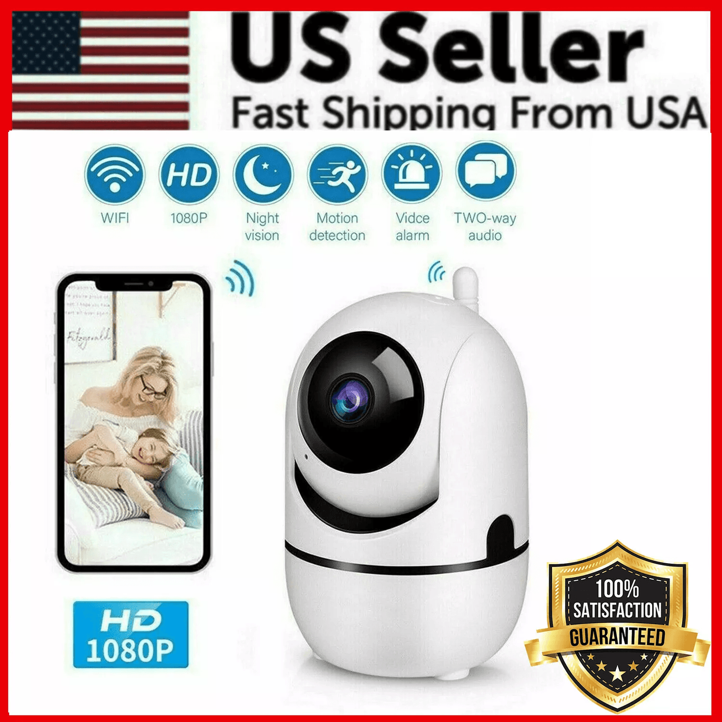 1080P WiFi Wireless Indoor Home Security Camera Night Vision Baby, Pet Monitor with Two-Way Audio, Motion Detection,360'