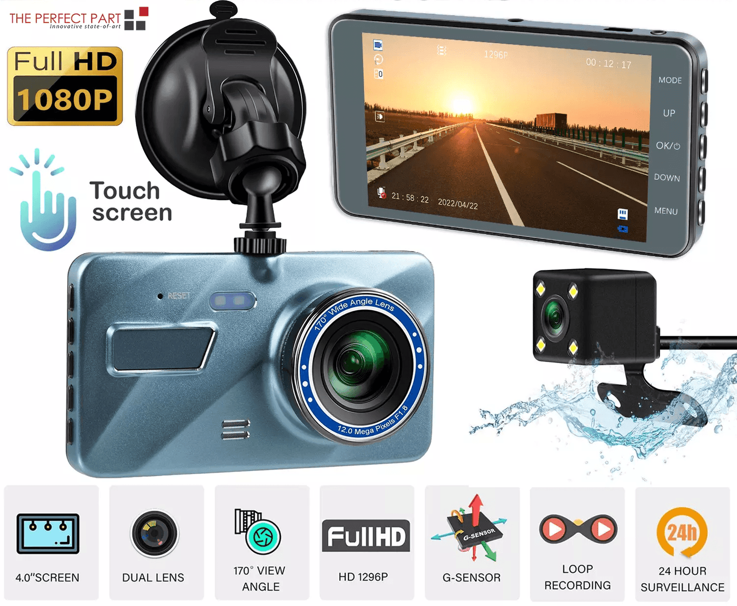 Touch Screen Dash Cam with Front and Rear Camera, HD Dual Lens Car DVR Recorder, Loop Recording, G-Sensor, Wide Angle