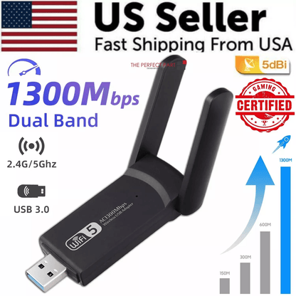 1300Mbps Long Range AC1300 Dual Band 5GHz Wireless USB 3.0 WiFi Adapter with High-Gain Antennas