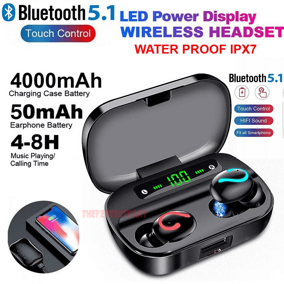 TWS Wireless Earbuds Mini Headset Stereo Headphones IPX7 Waterproof In-Ear Earphones