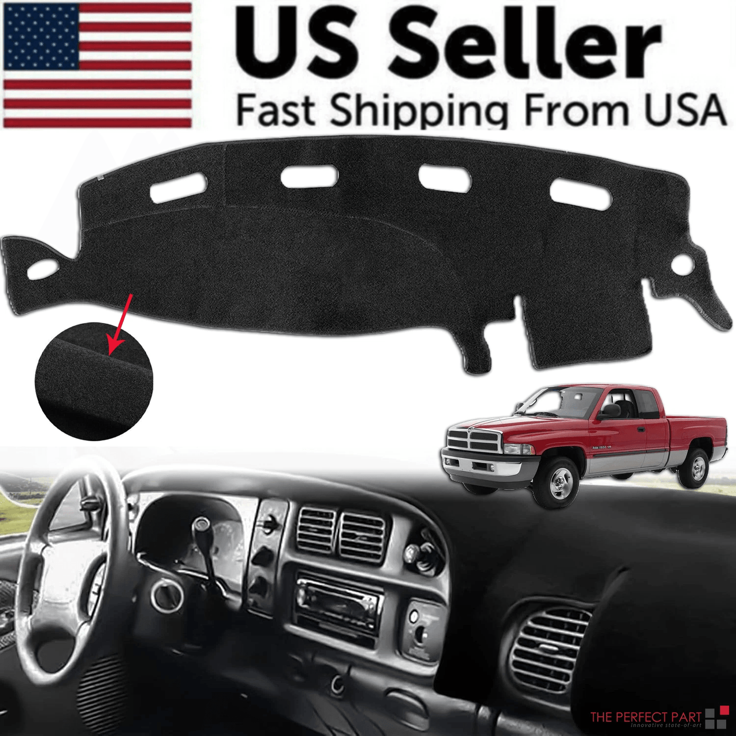 Dashboard Mat Dash Cover Carpet for 1998-2001 Dodge Ram 1500 2500 3500 –Non-Slip Suede Dash Protector