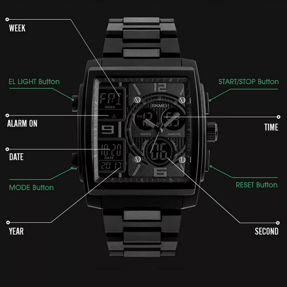 Chronograph Mens Digital Army Military Sport Quartz Analog Waterproof Watch  50M LED Backlight Shoc 5
