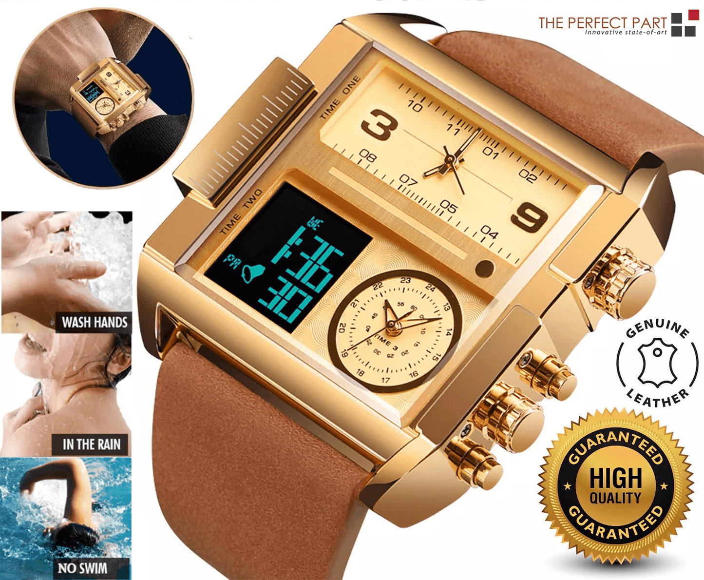 Men Watch Large Dial Digital Quartz Sport Stopwatch Leather Wristwatch, SKMEI Multifunction Timepiece for Outdoor Use