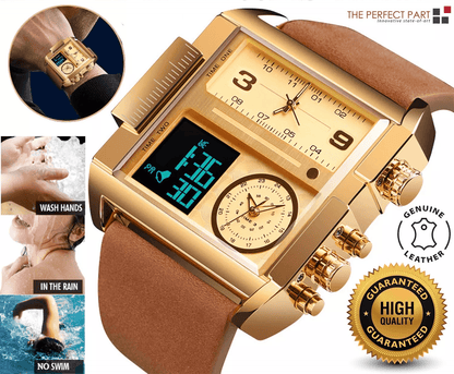 Men Watch Large Dial Digital Quartz Sport Stopwatch Leather Wristwatch, SKMEI Multifunction Timepiece for Outdoor Use