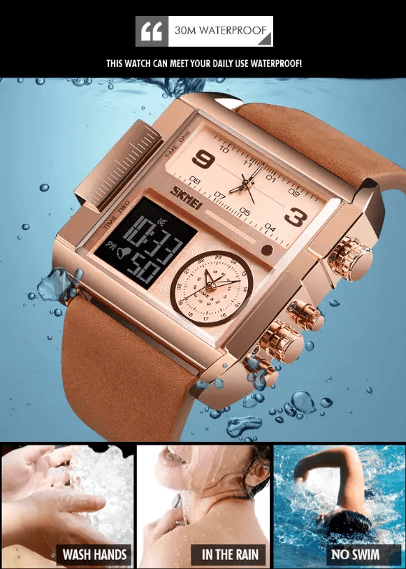 Men Watch Large Dial Digital Quartz Sport Stopwatch Leather Wristwatch SKMEI Multifunction Timepiec 4