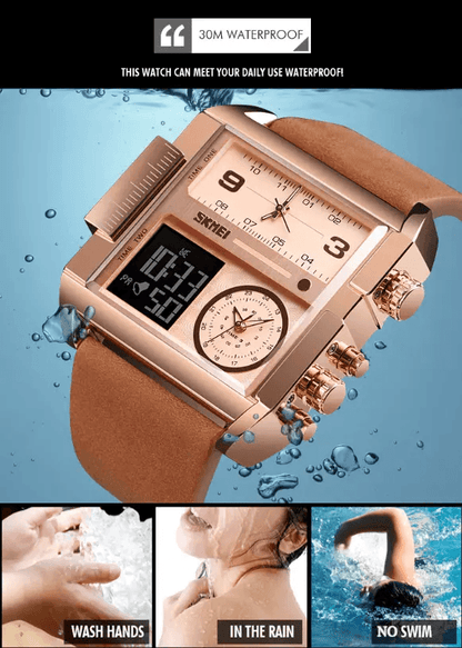 Men Watch Large Dial Digital Quartz Sport Stopwatch Leather Wristwatch SKMEI Multifunction Timepiec 4