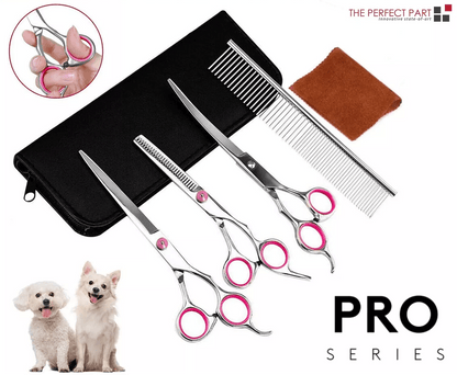 Professional Pet Grooming Scissors Kit, Stainless Steel Curved, Thinning & Straight Shears for Dogs & Cats, All-in-One