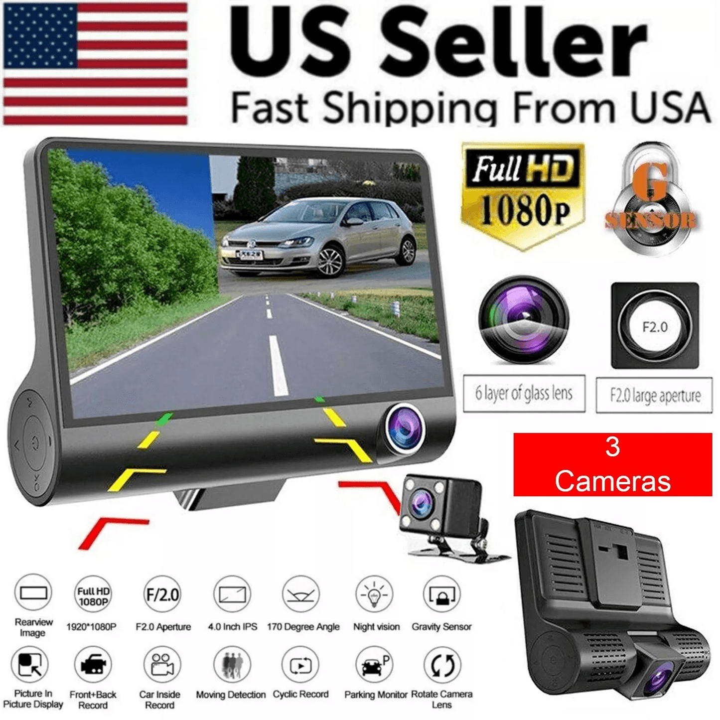 1080P 4" Dual Lens HD Car DVR Dash Cam Recorder with Rearview Camera, G-Sensor, Night Vision, Motion Detection,