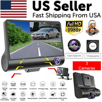 1080P 4" Dual Lens HD Car DVR Dash Cam Recorder with Rearview Camera, G-Sensor, Night Vision, Motion Detection,